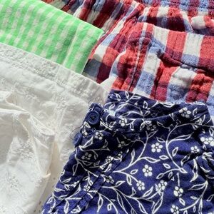Set of Stylish Clothes: Blue Floral, Checkered and White Blouses with Two Shorts